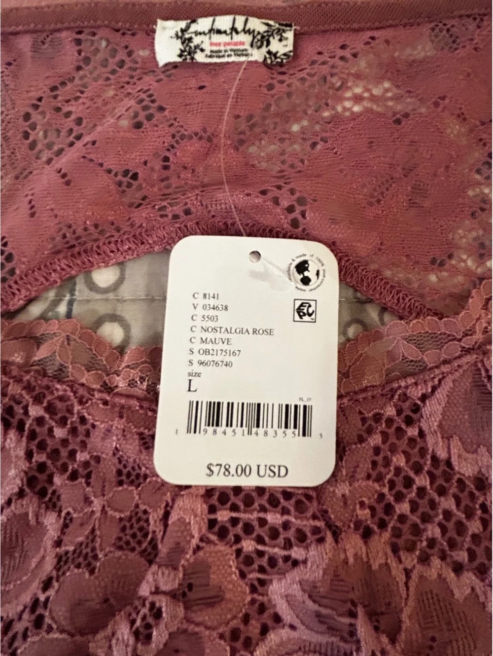 Free People Intimately Nostalgia Rose Lace Bodysuit Size L Mauve